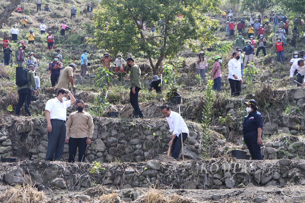 Presiden Joko Widodo menanam pohon bersama warga di bukitl di tepi Danau Toba, Desa Simangulampe, Kecamatan Baktiraja, Kabupaten Humbang Hasundutan, Sumatera Utara, Kamis (3/2/2022). Presiden meminta dilakukan konservasi lingkungan Danau Toba. 