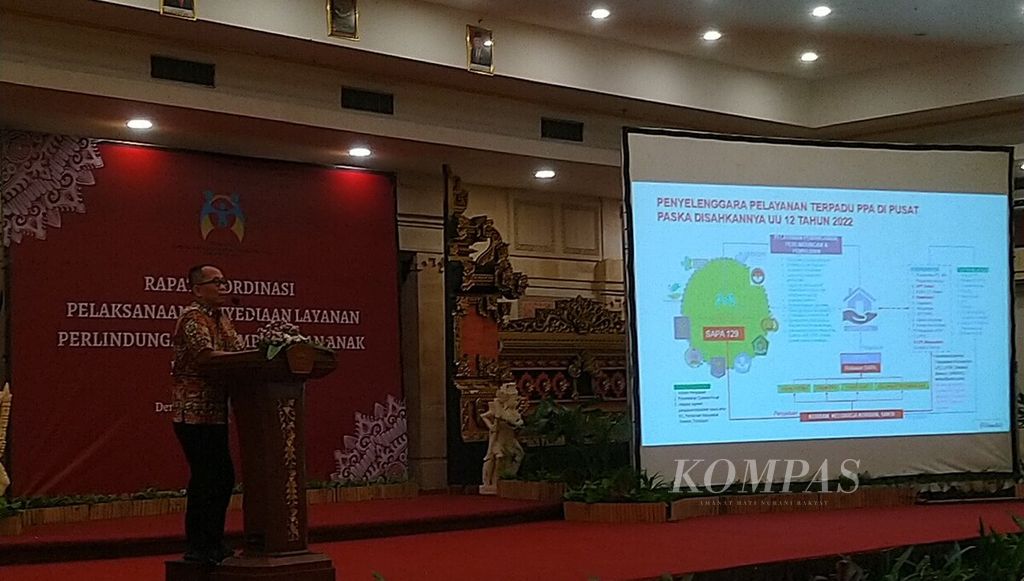 Kementerian Pemberdayaan Perempuan dan Perlindungan Anak mengadakan acara Rakor Pelaksanaan Penyediaan Layanan Perlindungan Perempuan dan Anak di Indonesia di Sanur, Kota Denpasar, Bali, Rabu (8/2/2023).