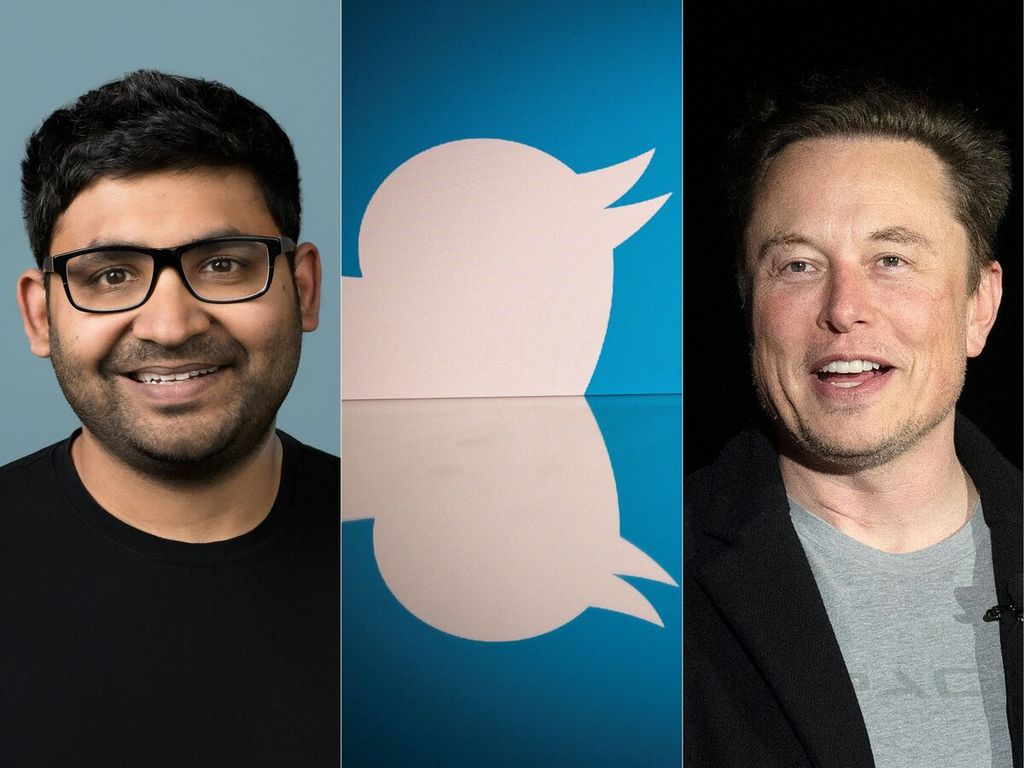 Gabungan foto ini dibuat pada 27 Oktober 2022 dan menunjukkan (dari kiri) foto CEO Twitter Parag Agrawal yang diambil pada 2 November 2021, logo Twitter yang diambil pada 26 Oktober 2020, serta foto Elon Musk yang diambil pada 10 Februari 2022. Musk mengakuisisi Twitter dan memecat Agrawal.