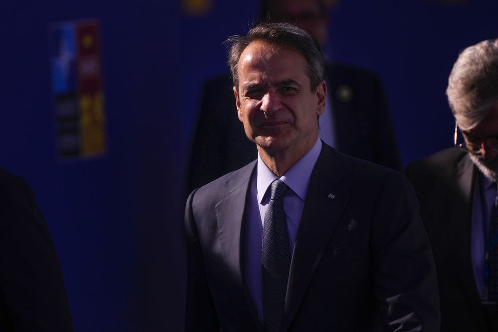 Perdana Menteri Yunani Kyriakos Mitsotakis saat hadir dalam Konferensi Tingkat Tinggi Pakta Pertahanan Atlantik Utara atau NATO yang digelar di Madrid, Spanyol pada Kamis (30/6/2022). 