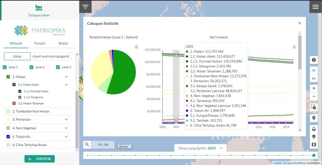 Cuplikan gambar dari platform MapBiomas Indonesia 1.0 yang memberikan begitu banyak data serta gambaran pengelolaan dan pemanfaatan hutan di Indonesia, Kamis (24/3/2022).