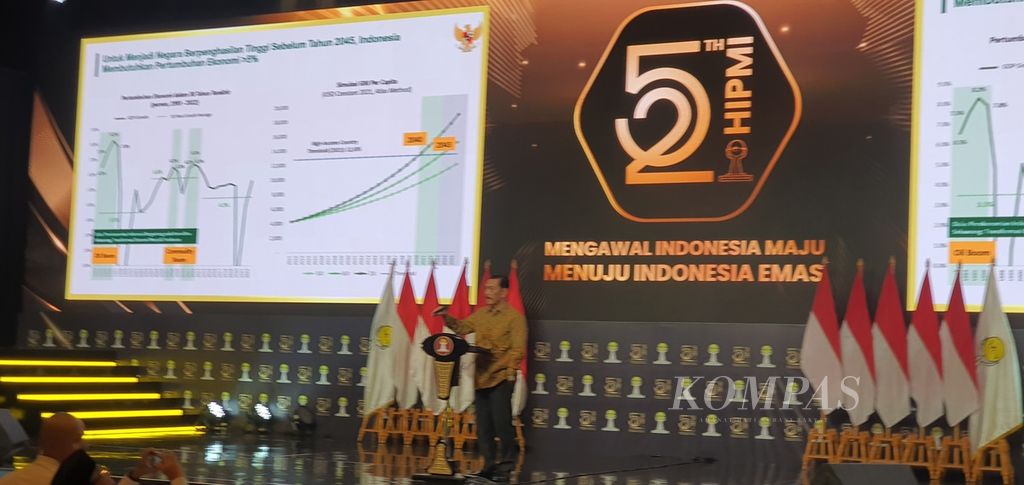 Menteri Koordinator Bidang Kemaritiman dan Investasi Luhut Panjaitan memberikan arahan kepada para pengusaha Hipmi dalam peringatan hari jadi ke-52 Hipmi di Jakarta, Senin (10/6/2024).