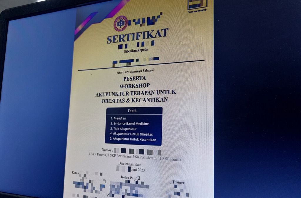 Sertifikat bernilai satuan kredit profesi (SKP) kedokteran yang didapat <i>Kompas</i> ketika mengikuti sebuah seminar daring dari Surabaya, Jawa Timur, (Sabtu/24/6/2023).