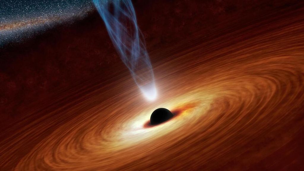 Konsep artis tentang lubang hitam supermasif dengan massa jutaan hingga miliaran massa Matahari. Lubang hitam supermasif ini biasanya berada pusat galaksi.