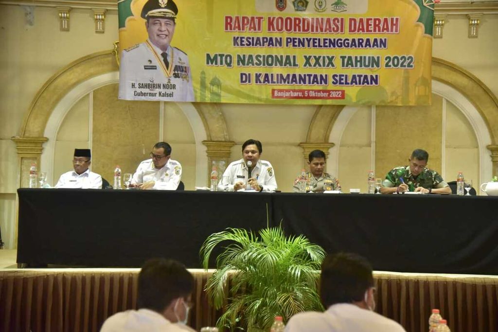 Rapat koordinasi daerah dalam rangka kesiapan penyelenggaraan MTQ XXIX Nasional Tahun 2022 di Kota Banjarbaru, Kalimantan Selatan, Rabu (5/10/2022).