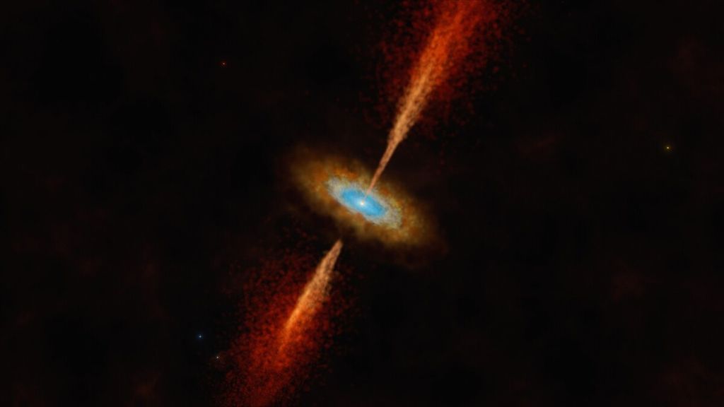Ilustrasi artis tentang sistem HH 1177 di galaksi katai Awan Magellan Besar atau Large Magellanic Cloud (LMC) yang merupakan satelit Galaksi Bimasakti. Bintang baru di sistem ini memiliki jet yang memancar keluar dan dikelilingi piringan akresi berisi gas dan debu. Keberadaan piringan akresi ini menjadi salah satu ciri bintang muda dan baru.