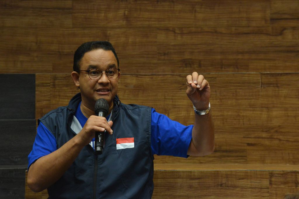 Bakal calon presiden Anies Baswedan memaparkan pemikirannya dalam acara dialog gagasan Partai Demokrat kepada wartawan di DPP Partai Demokrat, Jakarta Pusat, Kamis (2/3/2023).