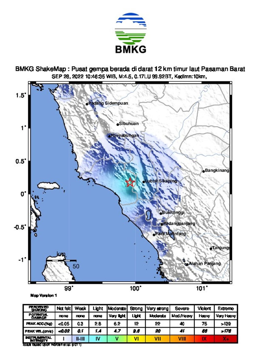 Peta gempa bumi bermagnitudo 4,5 di Nagari Talu, Kecamatan Talamau, Pasaman Barat, Sumatera Barat, Rabu (28/9/2022) pukul 10.46.