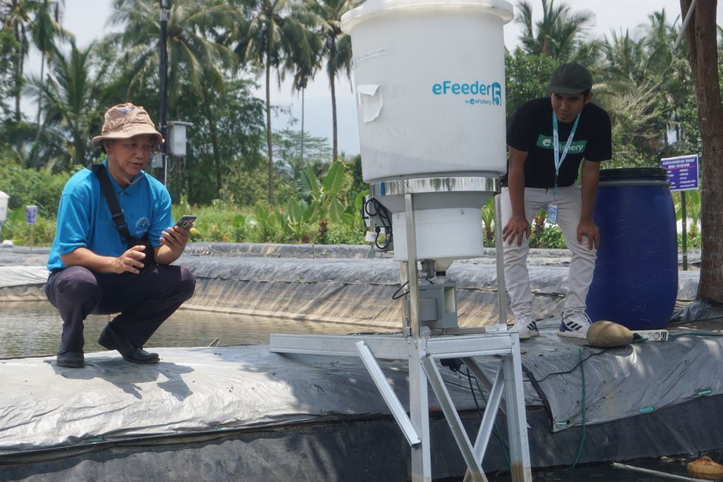 Rully Wahjusedjati Maydia (57), pembudidaya ikan nila, menggunakan gawai untuk mengoperasikan alat pemberi pakan otomatis eFeeder dari eFishery di Desa Purwosari, Kecamatan Baturraden, Kabupaten Banyumas, Jawa Tengah, Jumat (6/10/2023).