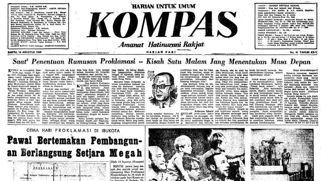 Artikel Saat2 Penentuan Rumusan Proklamasi-Kisah Satu Malam Jang Menentukan Masa Depan yang dimuat di <i>Kompas</i> pada 16 Agustus 1969.