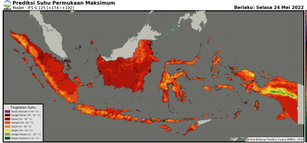Suhu maksimum harian pada kisaran 33-37 derajat celsius masih berpeluang terjadi secara sporadis di sebagian wilayah Indonesia hingga akhir Mei 2022. Sumber: BMKG