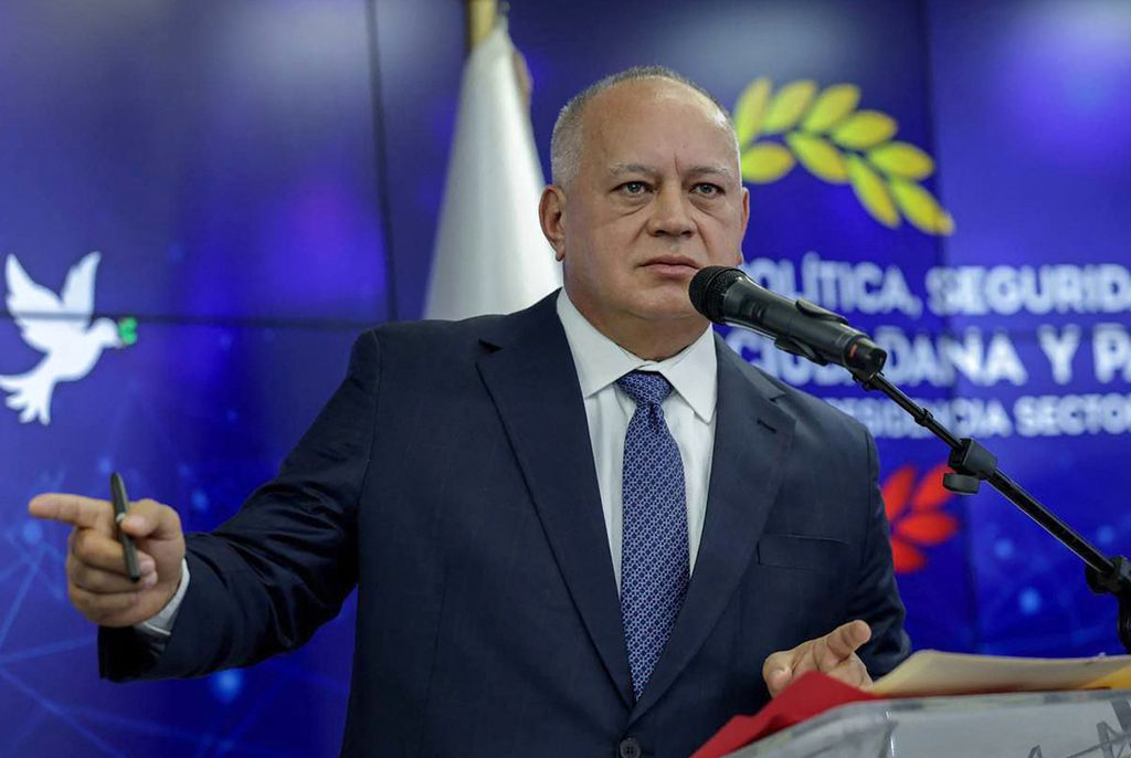 Menteri Dalam Negeri Venezuela Diosdado Cabello dalam konferensi pers, Sabtu (14/9/2024) di Caracas, Venezuela.