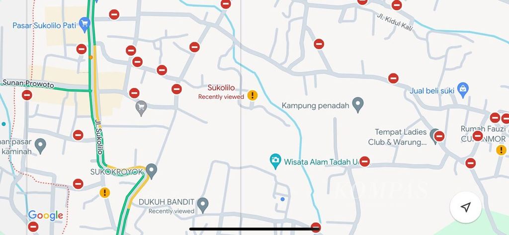 Tangkapan layar Google Maps di wilayah Kecamatan Sukolilo, Kabupaten Pati, Jawa Tengah, Minggu (23/6/2024).