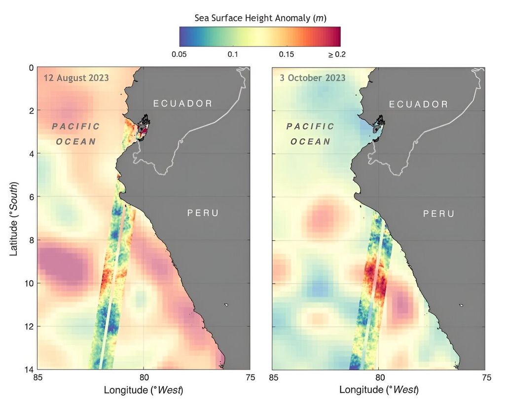Data dari satelit SWOT menunjukkan anomali permukaan lautseberapa tinggi atau rendah permukaan laut dibandingkan dengan ketinggian rata-ratadi lepas pantai Ekuador dan Peru pada 12 Agustus 2023 dan 3 Oktober 2023. Data tersebut menunjukkan perkembangan El Nino di sepanjang pantai barat Amerika.