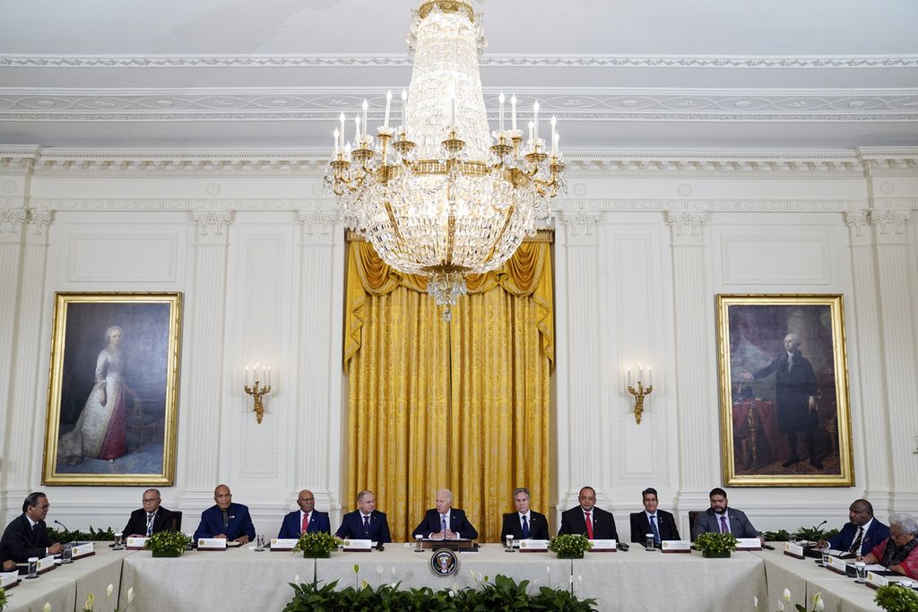 Suasana pertemuan Presiden Amerika Serikat Joe Biden dengan pemimpin anggota Forum Kepulauan Pasifik (PIF), Senin (25/9/2023), di Washington DC, AS.