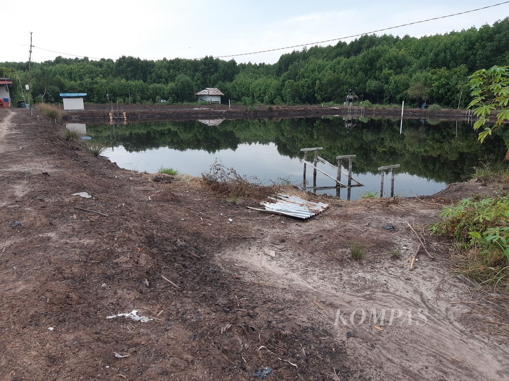 Sebuah bekas tambak udang yang terbengkalai tidak lagi terpakai yang berada di kawasan mangrove yang ada di Teluk Pambang, Bengkalis, Riau, Rabu (10/7/2024). Aktivitas ini menjadi salah satu penyebab kerusakan mangrove yang ada di Kabupaten Bengkalis.