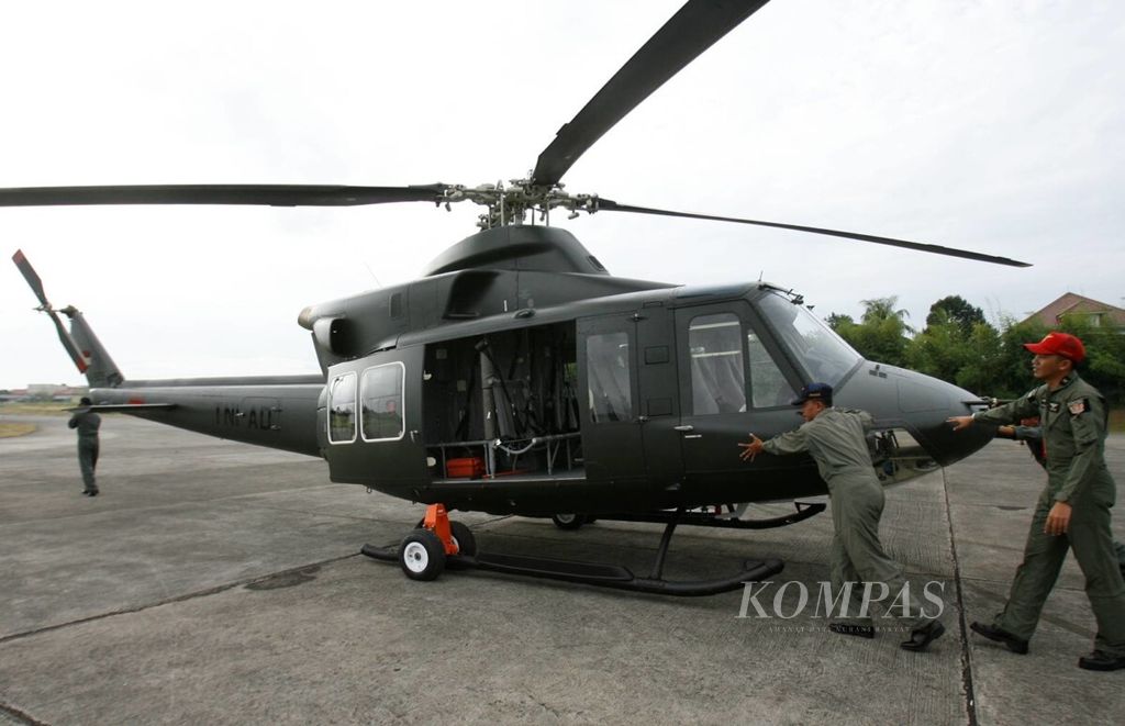 The Bell 412 EP helicopter at the Army Aviation Center's Squadron 21 TNI AD, Pondok Cabe, South Tangerang, in February 2011.