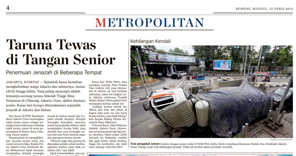 Arsip pemberitaan <i>Kompas </i>mengenai kasus penganiayaan taruna di Sekolah Tinggi Ilmu Pelayaran Jakarta pada Minggu (27/4/2014).