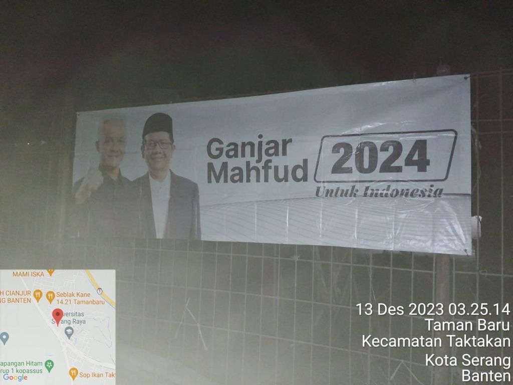 Contoh spanduk yang hilang menjelang kunjungan cawapres nomor urut 3, Mahfud MD, di Banten, Rabu (13/12/2023).