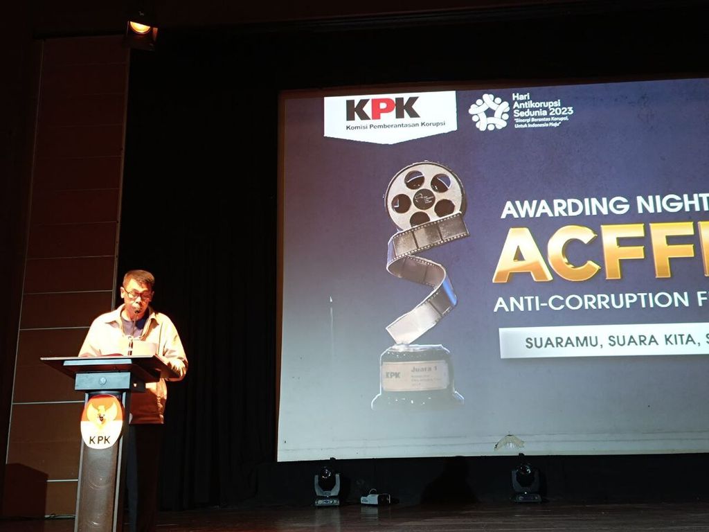 Ketua Komisi Pemberantasan Korupsi Nawawi Pomolango memberikan sambutan dalam acara penghargaan Anti Corruption Film Festival (ACF Fest 2023) di Gedung Pusat Perfilman Usmar Ismail, Jumat (8/12/2023).
