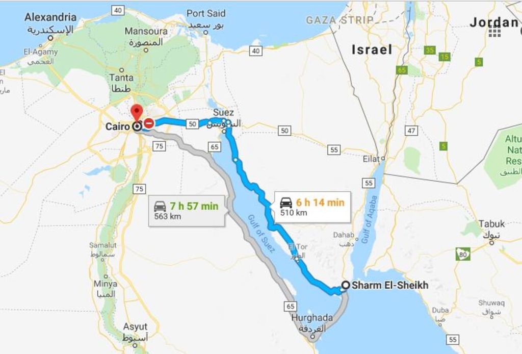 Rute perjalanan darat dari Kairo menuju kota resor wisata di Tepi Laut Merah, Sharm el-Sheikh, Mesir.