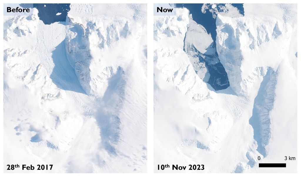 Gletser Cadman sebelum dan sesudah runtuhnya lapisan es. Gambar di sebelah kiri diambil pada tahun 2017 dan menunjukkan lapisan es. Gambar yang diambil bulan ini, di sebelah kanan, menunjukkan hilangnya lapisan es.