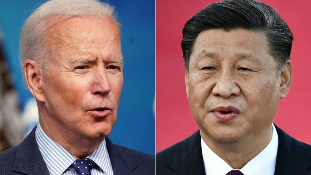 This combination of file pictures created on June 08, 2021, shows US President Joe Biden (left) speaking at the Eisenhower Executive Office Building in Washington, DC on June 2, 2021; and Chinese President Xi Jinping speaking on arrival at Macau's international airport on December 18, 2019. 