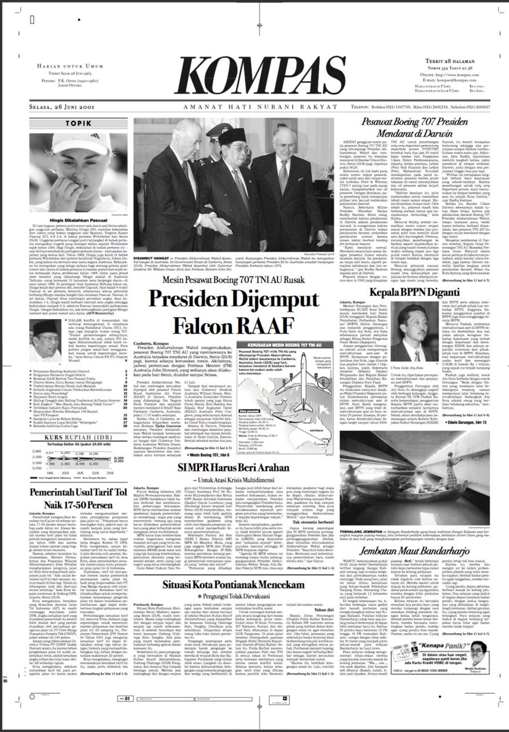 Page 1 of the daily Kompas, 26 June 2001, which carried a photo of President Abdurrahman Wahid's visit to Canberra, Australia, and was greeted by Australian Prime Minister John Howard.