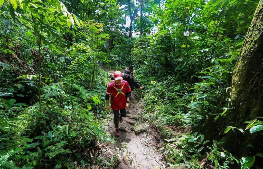 Peserta berlari melewati lintasan alam Bukit Lawang Orangutan Trail 2023 di Taman Nasional Gunung Leuser, Kabupaten Langkat, Sumatera Utara, Sabtu (27/5/2023).