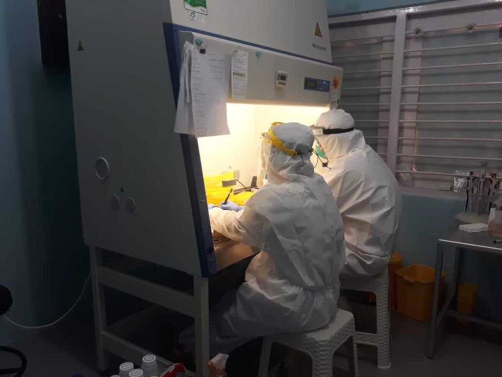 Dua petugas memeriksa sampel tes usap di laboratorium Balitbangkes Papua di Kota Jayapura, Kamis (1/10/2020).