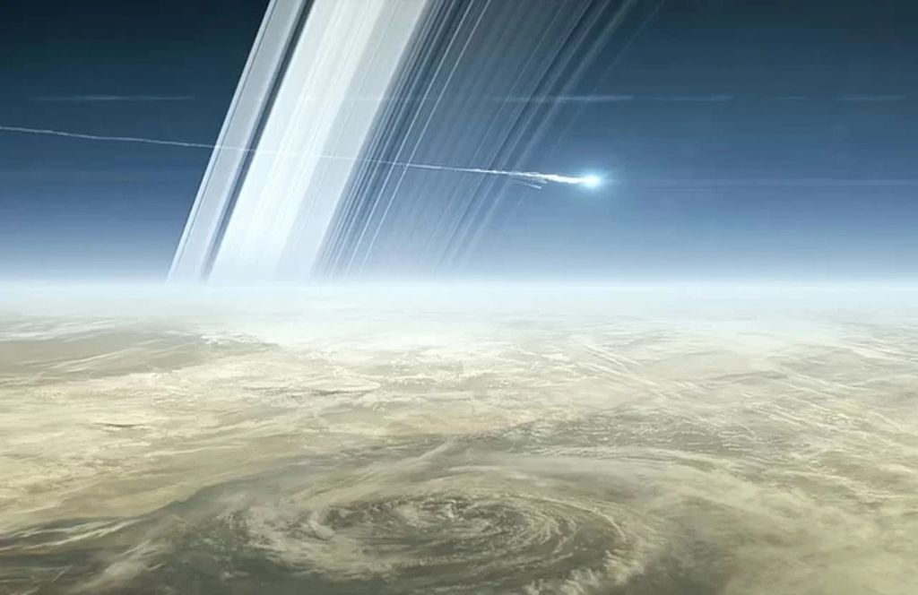 Konsep artis yang menggambarkan Cassini terbakar saat memasuki atmosfer Saturnus.