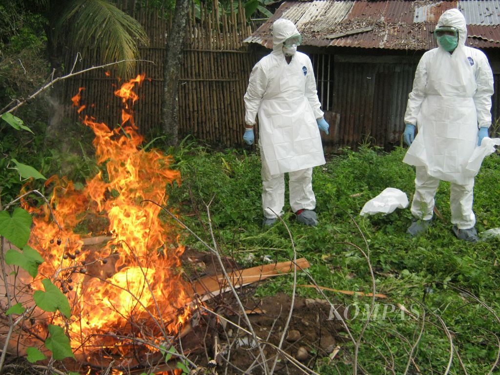Petugas membakar puluhan ayam milik warga di Kampung Sikumbang, Kelurahan Lubuk Lintah, Kecamatan Kuranji, Kota Padang, Sumatera Barat, Senin (7/3/2011). Unggas itu positif terinfeksi virus H5N1 penyebab flu burung. Pembakaran bertujuan mencegah penyebaran virus.