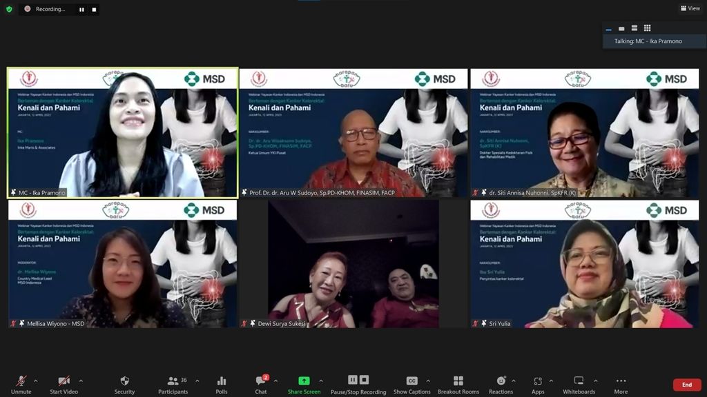Para pembicara dan penyintas kanker usus besar dalam webinar bertajuk “Kenali, Pahami dan Berteman dengan Kanker Kolorektal" yang diadakan oleh PT Merck Sharp & Dohme (MSD) Indonesia dan Yayasan Kanker Indonesia (YKI), Rabu (12/4/2023).