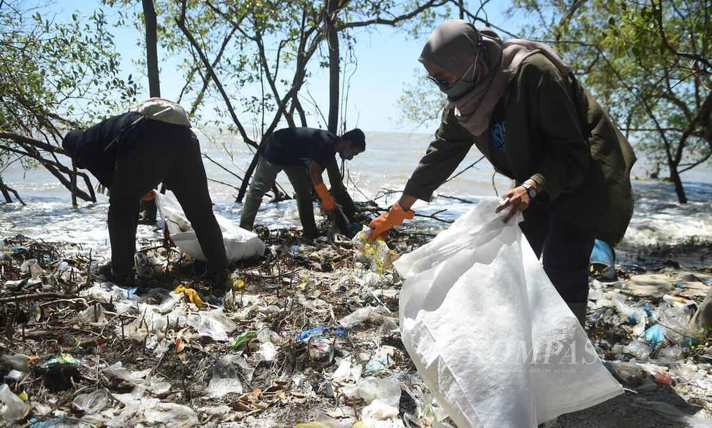 Aktivis lingkungan dari Ecological Observation and Wetlands Conservation (Ecoton) memasukkan sampah plastik ke dalam karung saat melakukan bersih-bersih pesisir dalam rangka World Cleanup Day di Kawasan Hutan Mangrove Wonorejo, Surabaya, Jawa Timur, Minggu (19/9/2021). 
