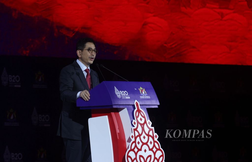 Ketua Umum Kamar Dagang dan Industri Indonesia (Kadin) Arsjad Rasjid memberikan sambutan saat pembukaan Konferensi Tingkat Tinggi Business 20 ( KTT B20) di Nusa Dua, Bali, November 2022. KTT B20 merupakan forum dialog resmi negara G20 bagi komunitas bisnis global. 