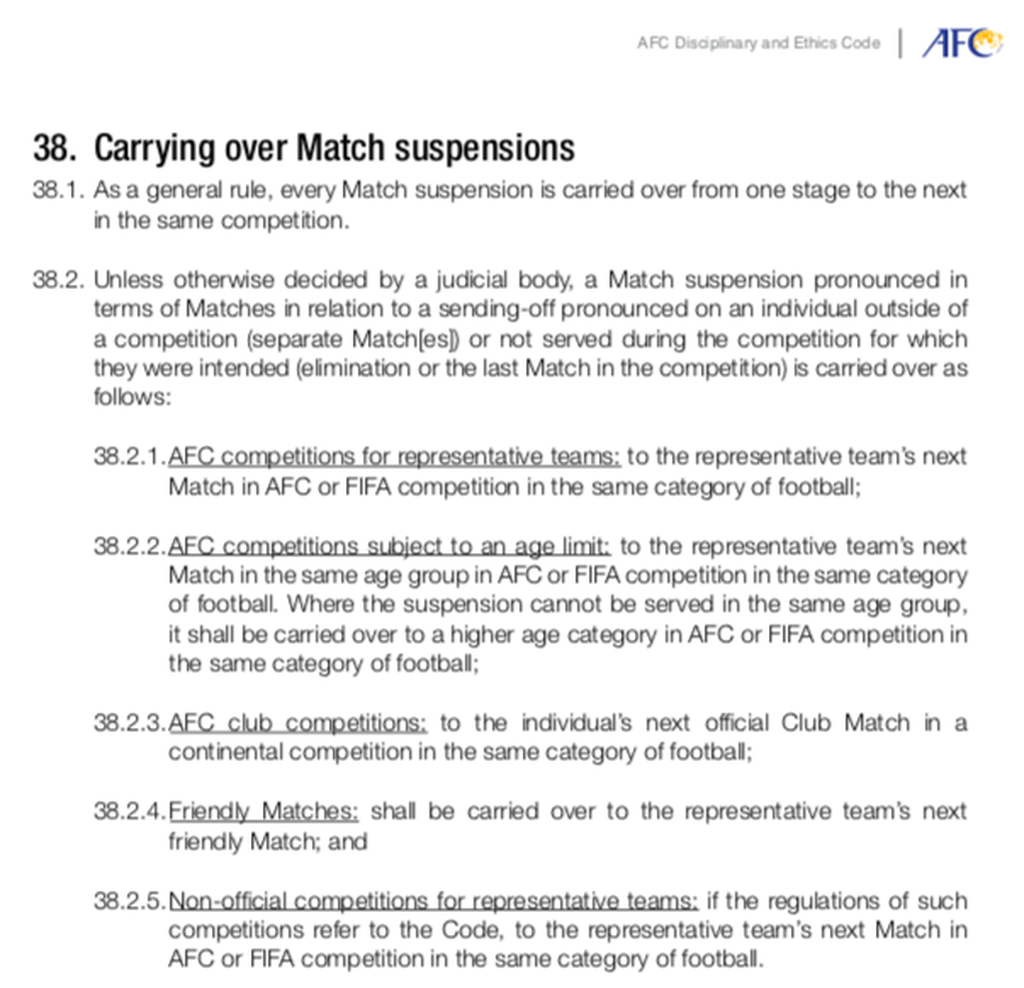 Pasal 38.2 Kode Etik dan Disiplin AFC yang memuat lima laga yang tidak bisa diikuti pemain yang tengah menjalani sanksi.