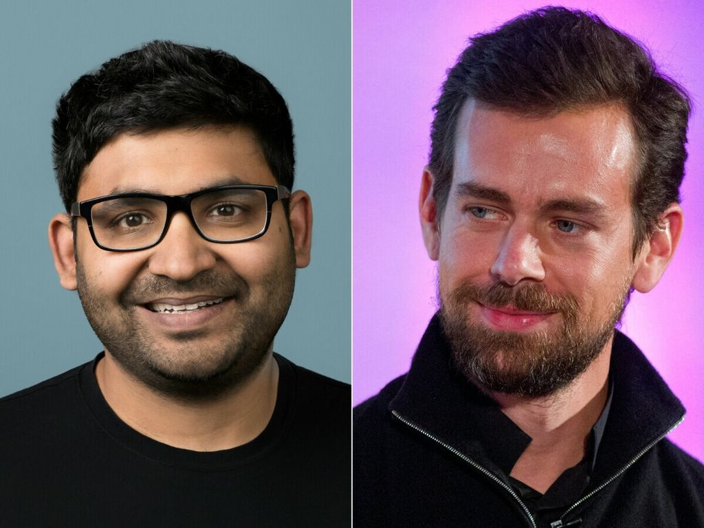 Gabungan dua foto yang dibuat pada 29 November 2021 ini memperlihatkan CEO Twitter Parag Agrawal (kiri) dan Jack Dorsey (kanan) yang mengundurkan diri sebagai CEO Twitter dalam sebuah foto di London, Inggris, 20 November 2014. 