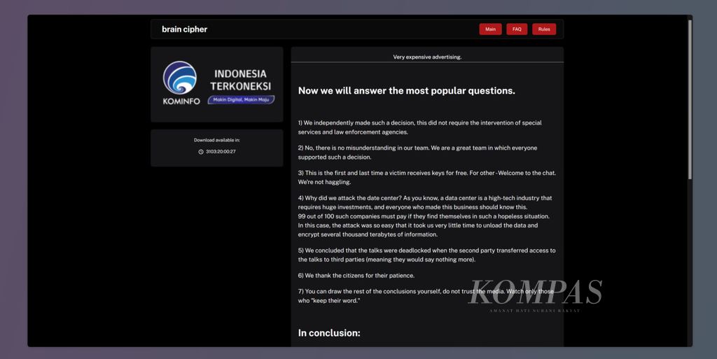 Brain Cipher berikan kunci enkripsi <i>ransomware </i>PDN, seperti yang terlihat di laman Brain Cipher, pada Rabu (3/7/2024) malam.