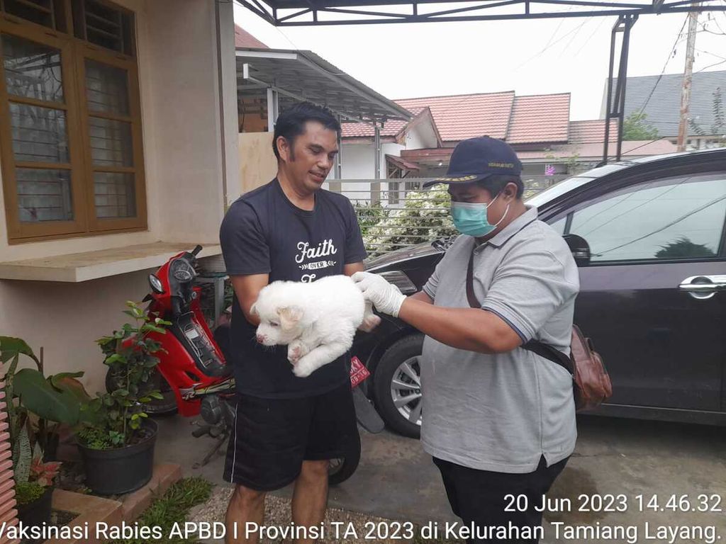Vaksinator dari Dinas Perikanan dan Peternakan Kabupaten Barito Timur, Kalimantan Tengah, memberikan vaksin rabies pada anjing peliharaan di wilayah kerjanya, Selasa (20/6/2023).
