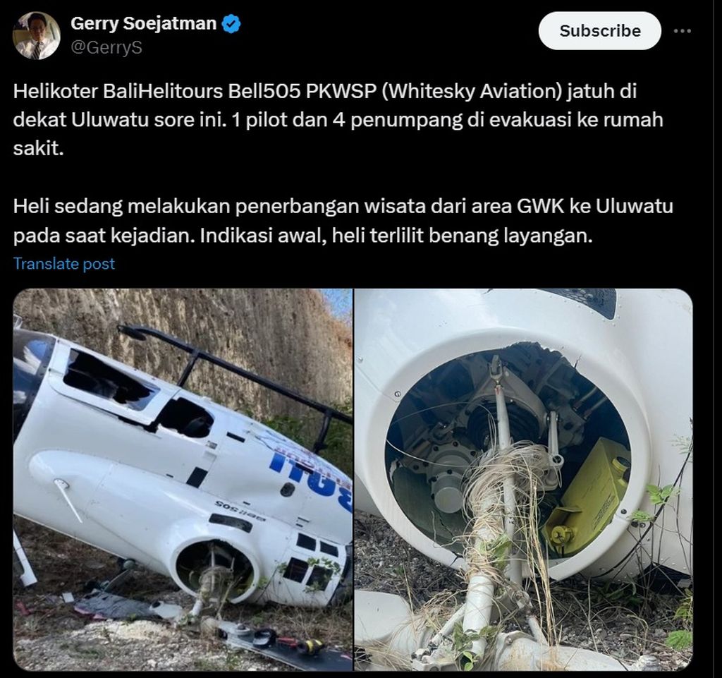 Tangkapan layar pengamat penerbangan, Gerry Soejatman, menunjukkan helikopter bernomor registrasi PK-WSP dengan tipe Bell 505 yang jatuh diduga terlilit tali layang-layang di Suluban, Pecatu, Kuta Selatan, Badung, Bali, Jumat (19/7/2024).