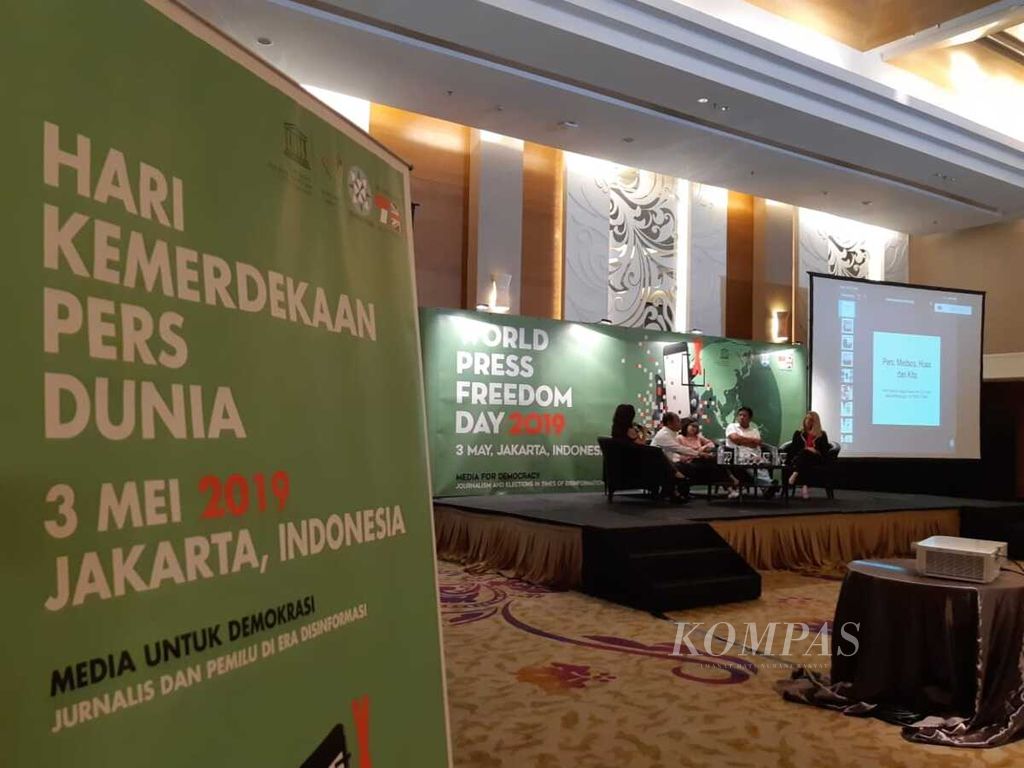 Acara diskusi peringatan Hari Kemerdekaan Pers Dunia, di Jakarta, Jumat (3/5/2019), digelar oleh Organisasi Pendidikan, Ilmu Pengetahuan, dan Kebudayaan Perserikatan Bangsa-Bangsa (UNESCO) di Jakarta, Dewan Pers Indonesia, dan Kedutaan Besar Inggris di Jakarta.