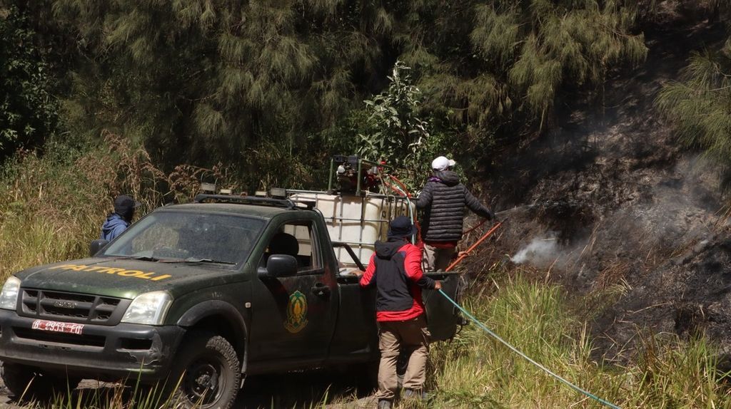 Petugas berupaya memadamkan kebakaran yang terjadi di area Gunung Batok di kawasan Taman Nasional Bromo Tengger Semeru, Jawa Timur, Sabtu (22/6/2024) siang. 