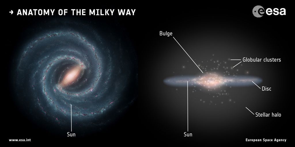 Anatomi galaksi Bimasakti dilihat dari atas dan samping.