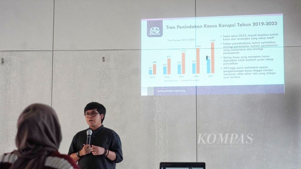 Peneliti Indonesia Corruption Watch (ICW), Diky Anandya, saat memaparkan rilis Laporan Hasil Pemantauan Tren Korupsi Tahun 2023 di Rumah Belajar ICW, Jakarta, Minggu (19/5/2024). 