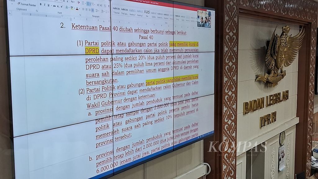 Paparan terkait dengan materi pada revisi UU Pilkada yang ditampilkan dalam Rapat Panitia Kerja Revisi UU Pilkada di Kompleks Parlemen, Jakarta, Rabu (21/8/2024).