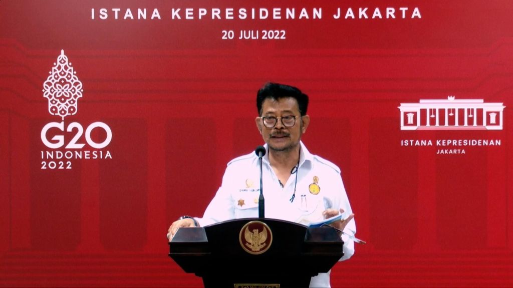 Menteri Pertanian Syahrul Yasin Limpo dalam keterangannya seusai mengikuti rapat terbatas yang dipimpin oleh Presiden Joko Widodo di Istana Merdeka, Jakarta, Rabu, 20 Juli 2022.