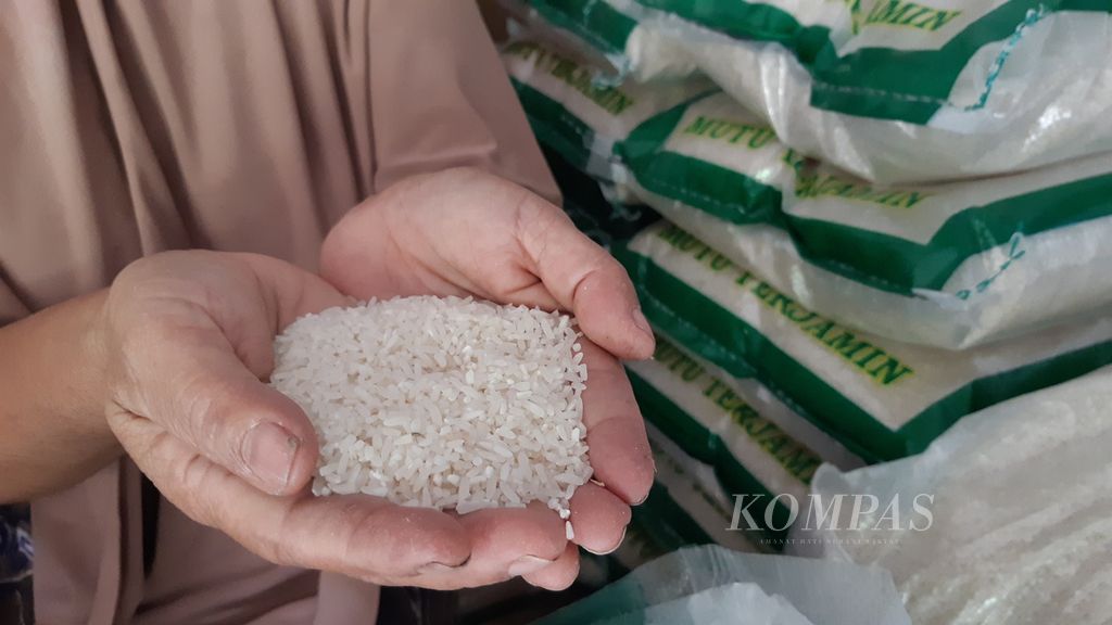 Sanimah (50), pedagang beras di Kecamatan Natar, Kabupaten Lampung Selatan, Lampung, menunjukkan stok beras yang ada di tokonya, Kamis (9/2/2023). Saat ini harga beras medium di pasaran di Lampung berkisar Rp 11.500-Rp 12.000 per kg. 