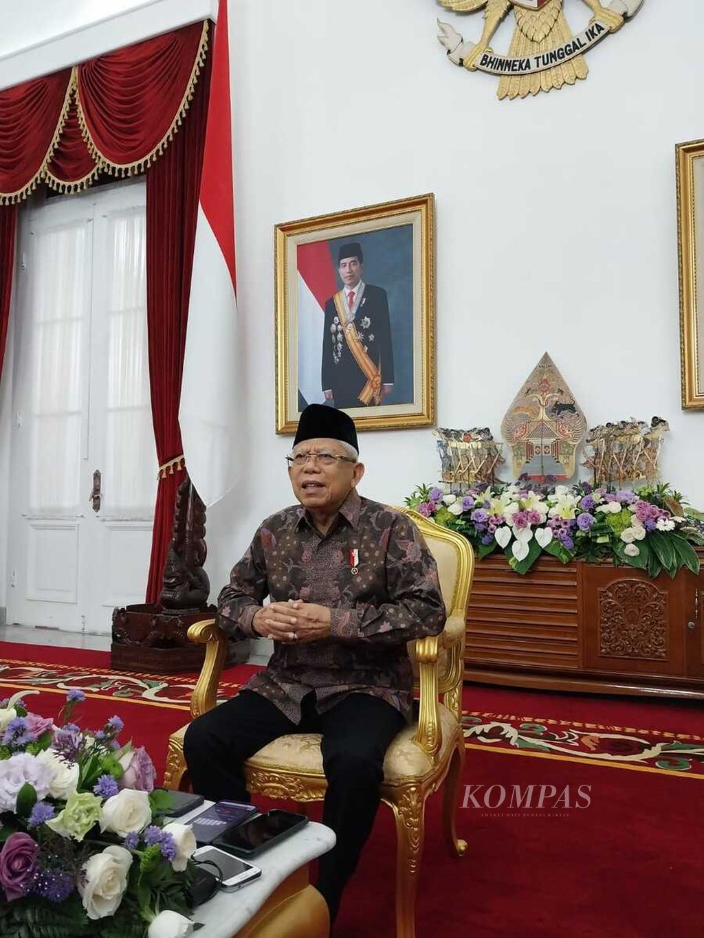 Wakil Presiden Ma’ruf Amin saat menjawab pertanyaan media di Istana Kepresidenan, Yogyakarta, Sabtu (4/2/2023).