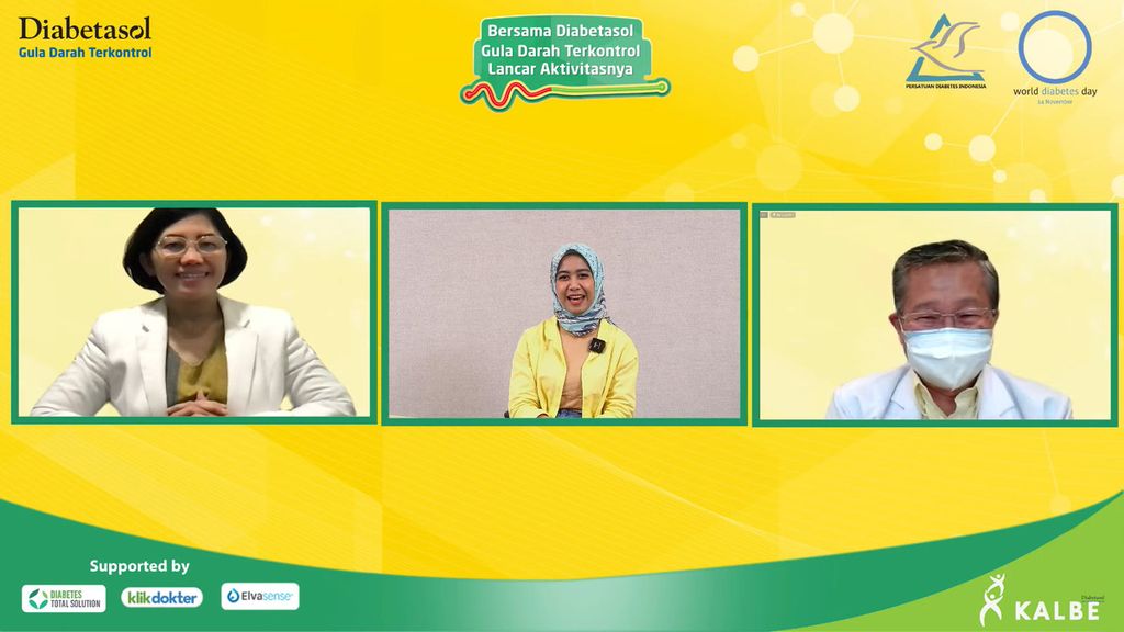 Dr Fatimah Eliana Taufik, Sp.PD, K-EMD, Finasim (kiri) dan dr Ekky M Rahardja, MS, Sp.GK (kanan) melakukan pemaparannya dalam webinar Bersama Diabetasol, Gula Darah Terkontrol Lancar Aktivitasnyayang diadakan pada Kamis (10/11/2022). 