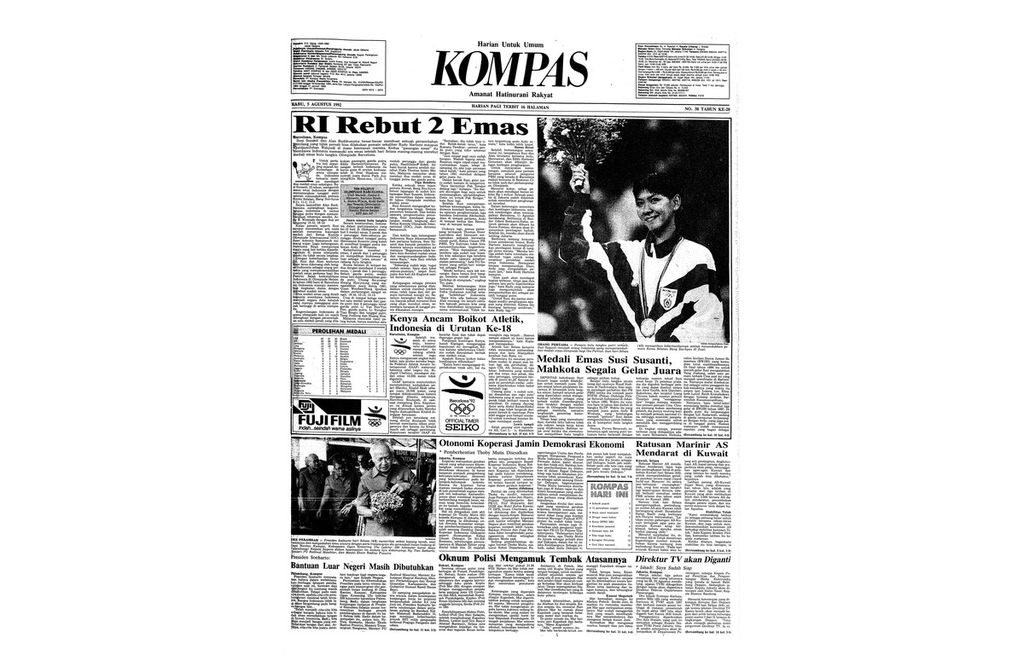 Berita emas perdana Indonesia di Olimpiade yang terbit di Harian Kompas, edisi 5 Agustus 1992.